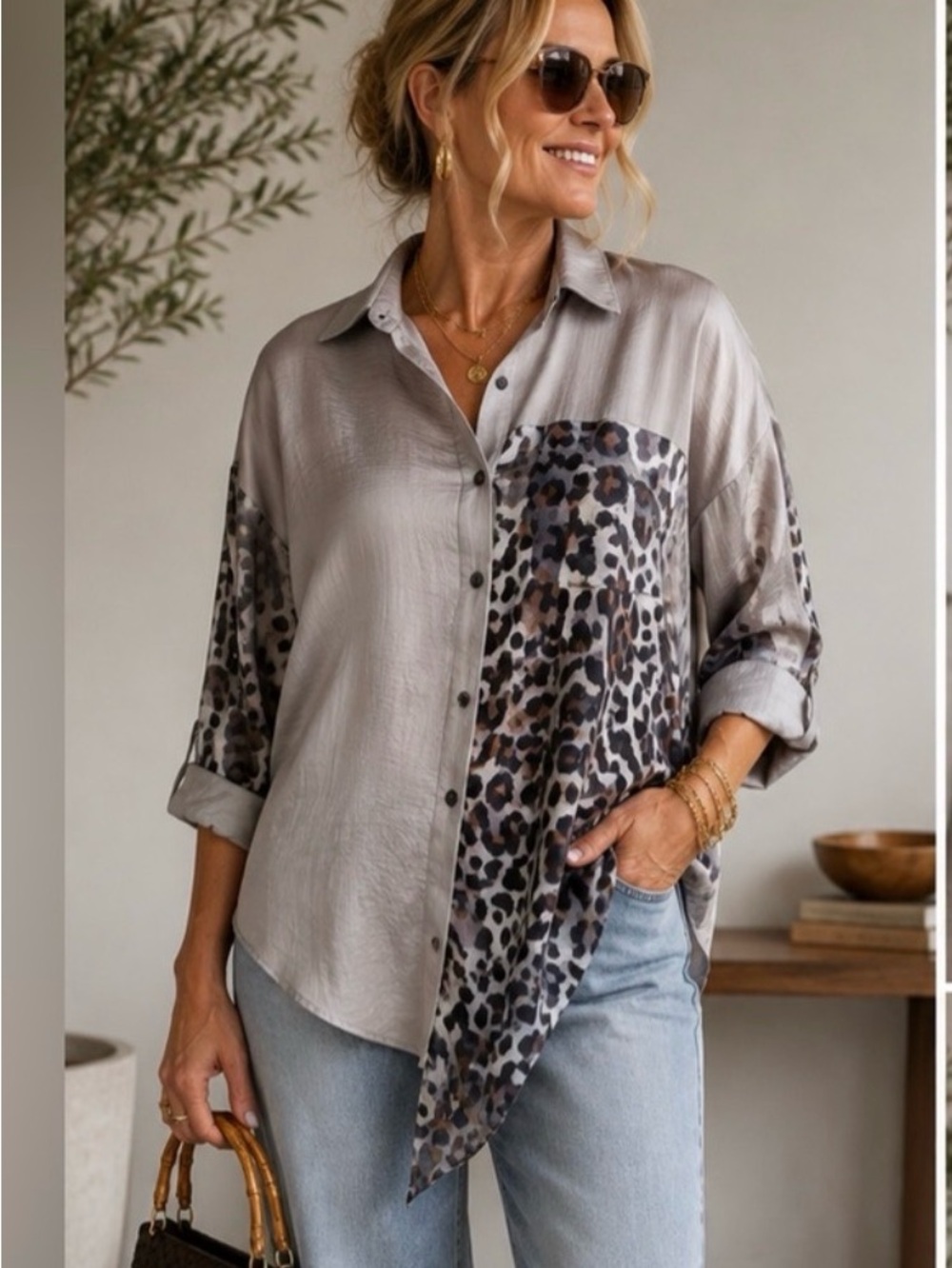 Mystree Asymmetrical Animal Print Button Front Tunic Blouse